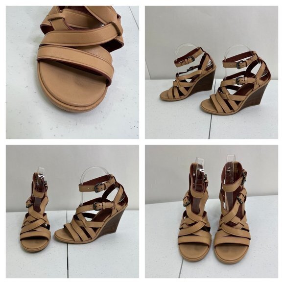 Coach Dawn‎ Wedges 6 B Leather Strappy Beige Heels Sandals Ankle Gladiator Brown - Picture 3 of 9
